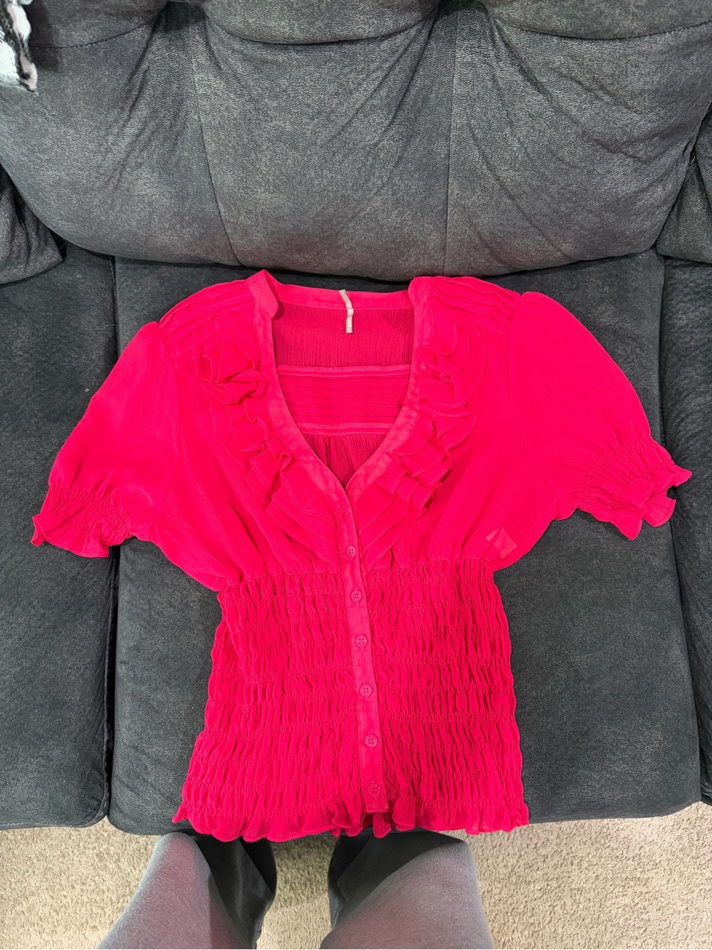 Max Rave Hot Pink Ruffle V-Neck Button Front Blouse